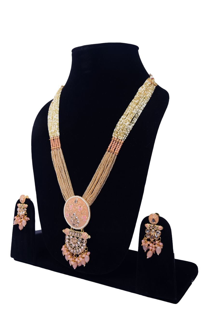 Namokriti Traditional Peach Multi- layerered Beaded Necklace Set – Grace Redefined for Every Occasion